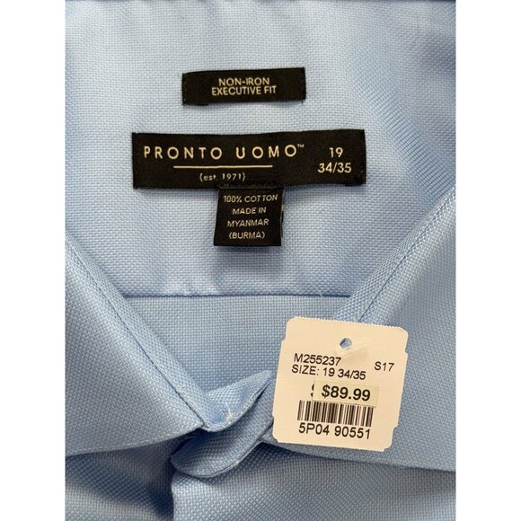 Pronto Uomo Men Size 19 Executive Fit Dress Shirt 2-Ply Cotton Non-Iron Blue NEW - Picture 3 of 7